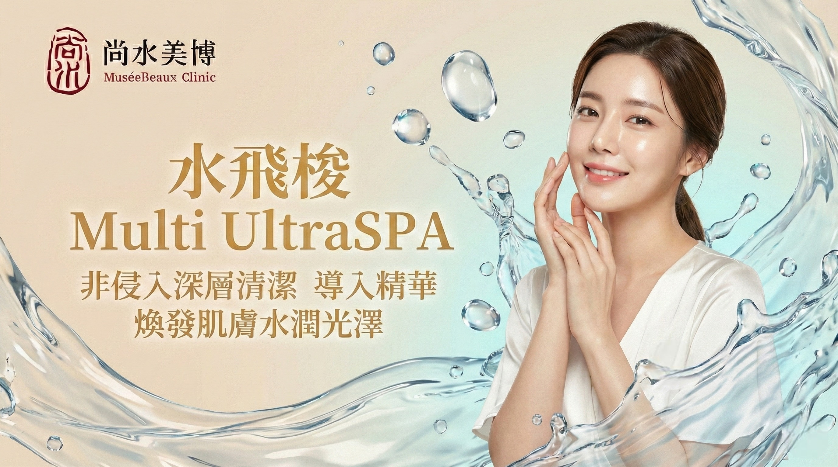 一位表情中性的女士用手摸著臉擺姿勢，她皮膚白皙，頭髮綁在腦後，背景中水濺在她周圍。